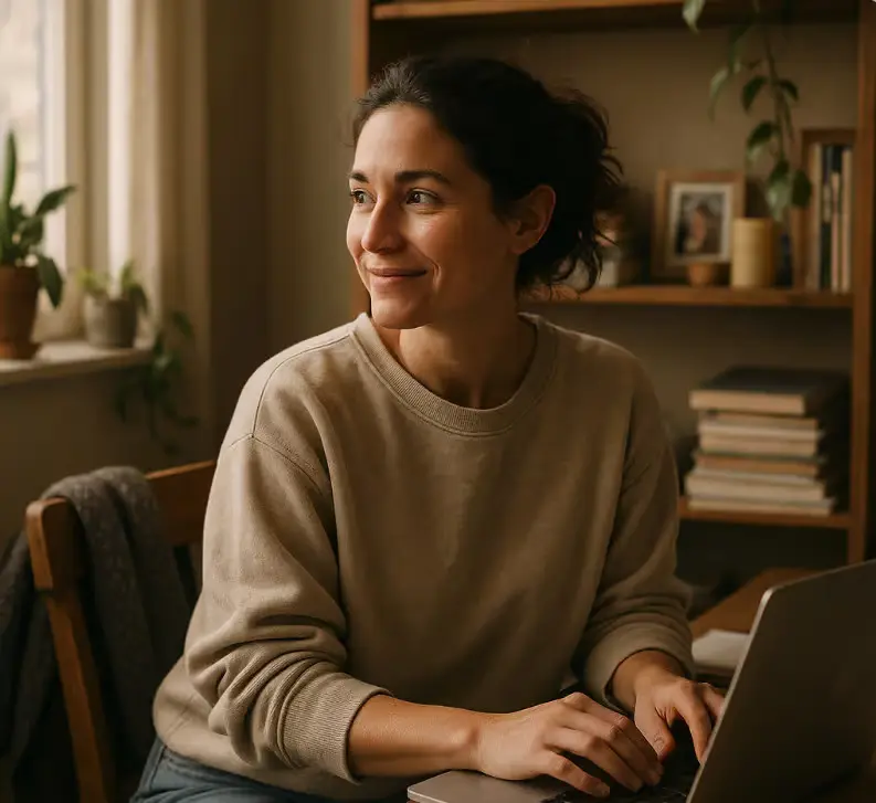 A woman in a beige sweater sits at a desk using a laptop, looking to the side and smiling. Behind her are shelves with books, plants, and framed photos.