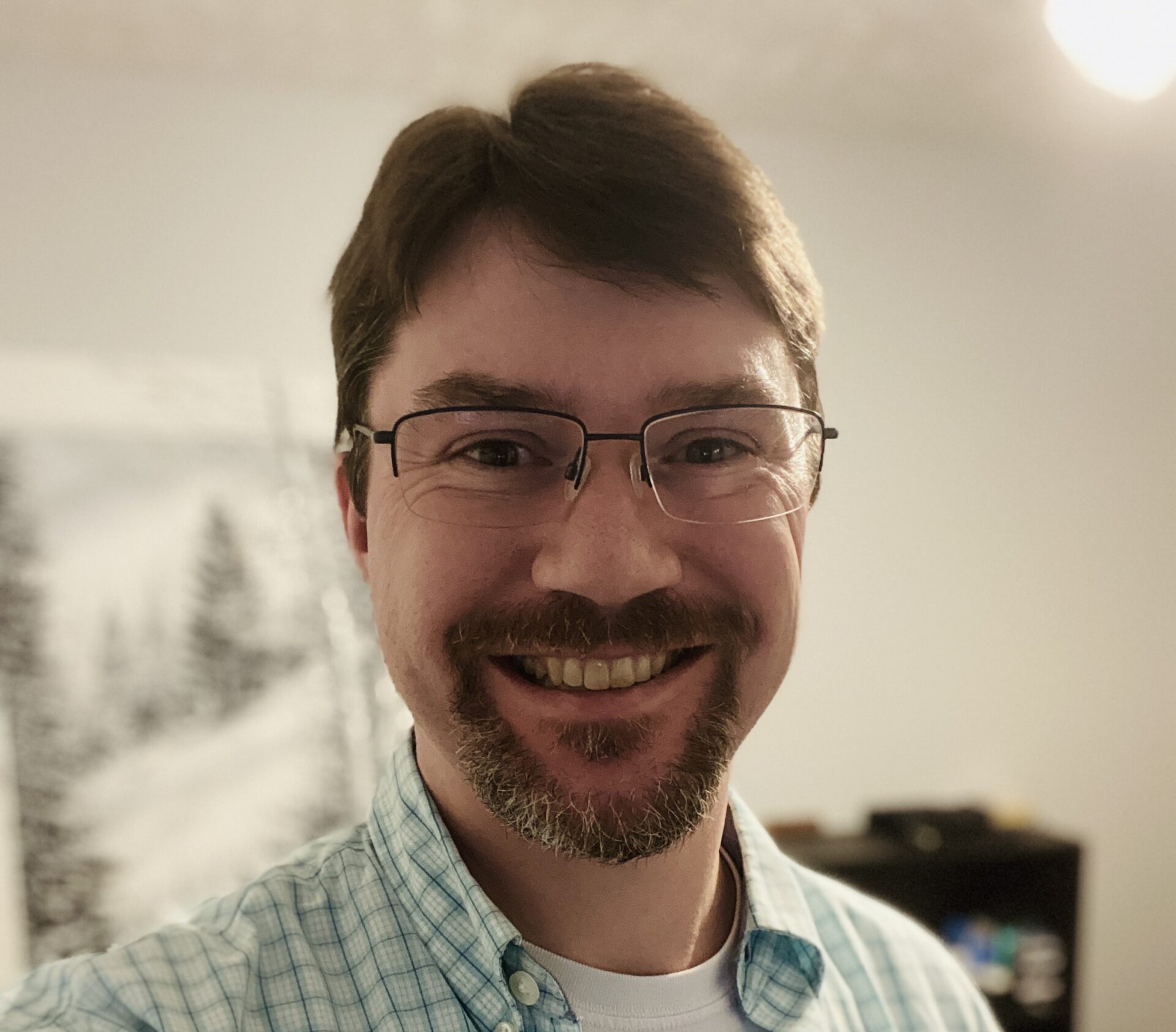 A man with glasses and a beard smiles at the camera. He wears a white t-shirt under a blue plaid button-up shirt. A blurred painting and shelving unit are in the background.